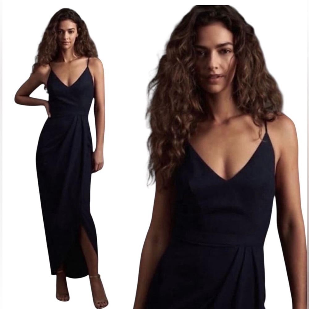 BHLDN‎ Anthropologie Lyra V-Neck Faux Wrap Crepe Dress Midnight Navy